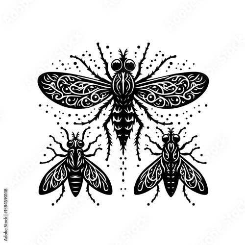 Ornate Black Flies and Mosquito Silhouette Design.