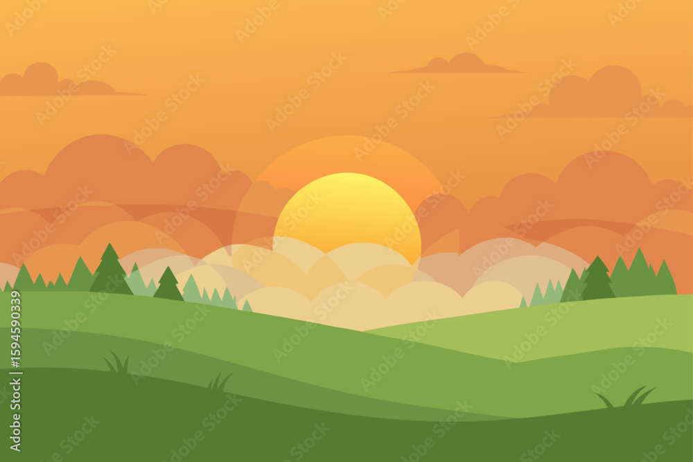 Obraz premium Rural Sunrise with Fog Over Grassy Field and Warm Sky Vector