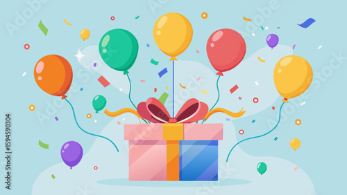 Vector art of a festive birthday gift box is adorned with a red bow and surrounded by colorful balloons and confetti, creating a joyful celebration atmosphere