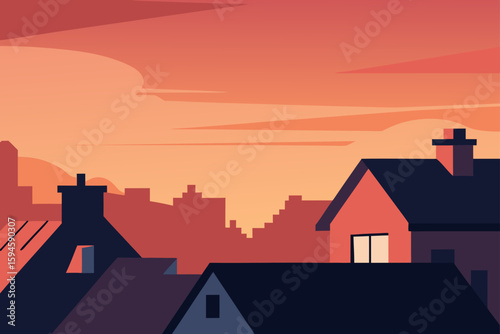 Rooftops in Morning Light with Pink Orange Sky