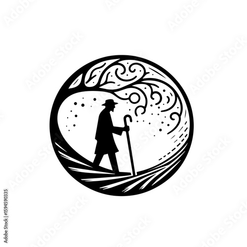 Silhouette of a man with a cane walking under a stylized tree.