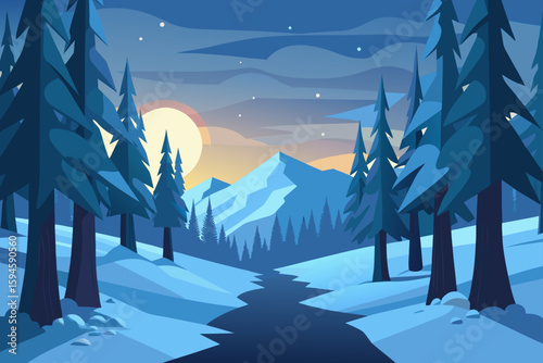 Snow Covered Forest Glowing in Early Light Background