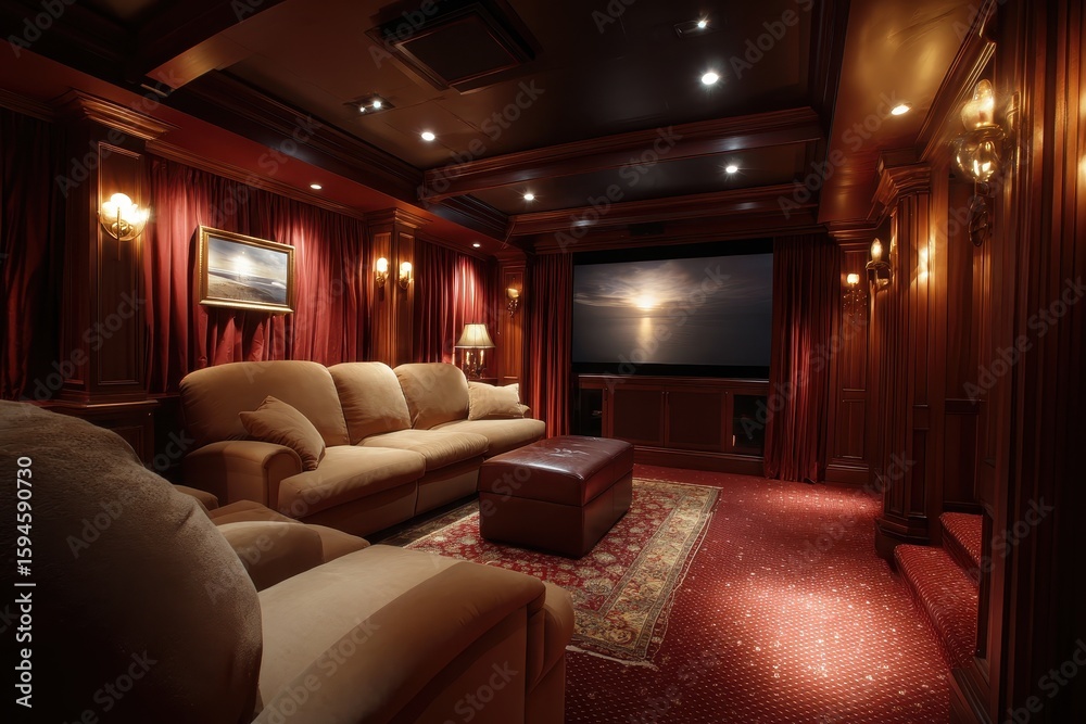 Fototapeta premium Cozy home theater with plush seating, dim lighting, and luxurious red accents. Illustrates comfortable entertainment, design, and relaxation for living spaces.