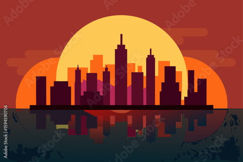 Sunrise Light Reflecting on Glassy City Buildings Vector