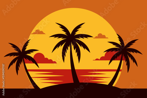 Tropical Sunrise Behind Palm Trees with Golden Glow Illustration