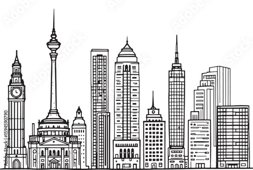 City skyline vector line art with minimalist building outlines