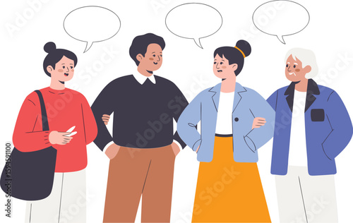 Diverse Group Conversation Illustration Cartoon People with Speech Bubbles, Communication and Discussion Concept