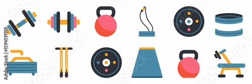 Exercise equipment icon set with dumbbells, kettlebells, and resistance bands – Great for gym promotions, personal training content, or workout gear branding
