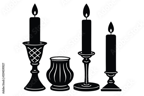 Black and White Silhouette of Three Candles and a Vase Illustration