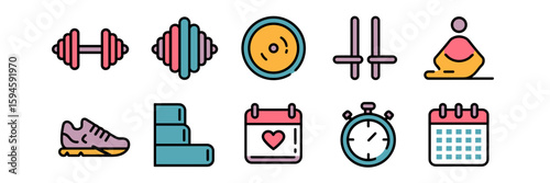 Fitness app icon set with gym equipment and trackers – Great for mobile app interfaces, sports branding, or training program visuals