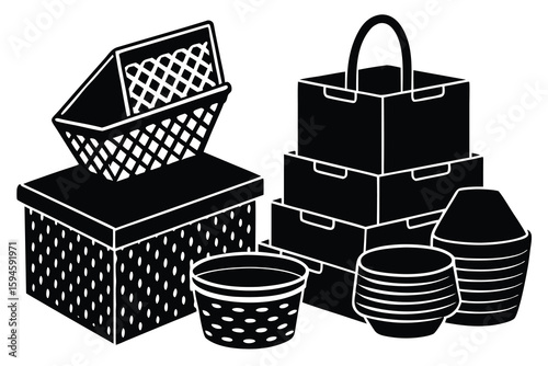 Black and White Silhouette of Stacks of Boxes and Baskets for Storage