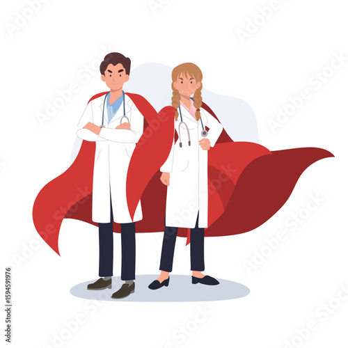 healthcare hero cartoon doctor duo illustration with stethoscopes and red superhero capes