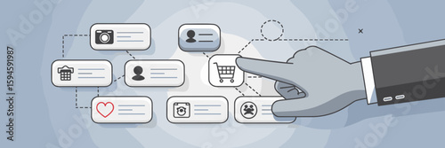 Gloved hand clicking shopping cart icon on user interface – Perfect for e-commerce promotions, UI/UX concept designs, or online shopping campaigns.