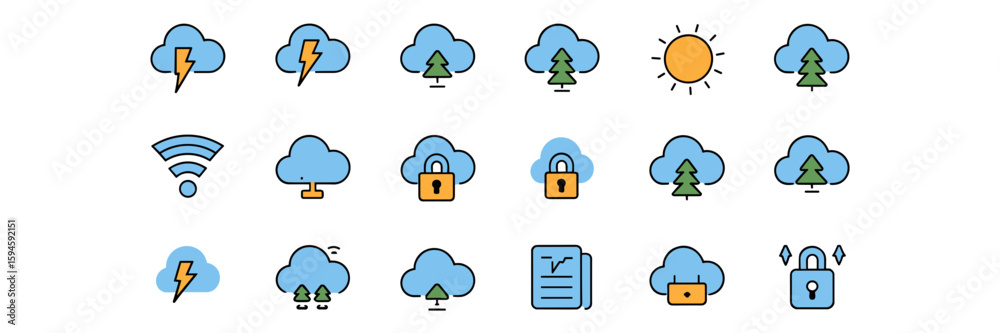 Obraz premium Cloud-based application icon set with natural and tech symbols – Suitable for cloud platform marketing, software service design, or app development projects.