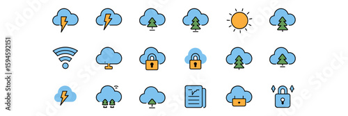 Cloud-based application icon set with natural and tech symbols – Suitable for cloud platform marketing, software service design, or app development projects.