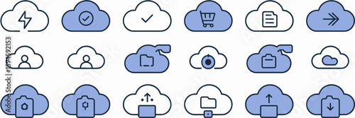 Vector icon pack of cloud-based application symbols – Ideal for software development, web services, or cloud storage marketing