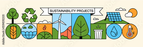 Circular arrangement of sustainability icons with banner – Suitable for ecology initiatives, green energy projects, or environmental campaign graphics.