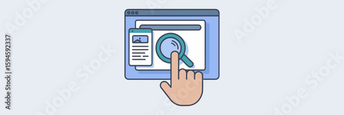 Hand clicking magnifying glass icon on search engine results page – Ideal for digital marketing content, UI design tutorials, or web search optimization materials.