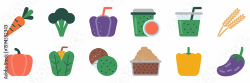 Vector icons of vegetables, smoothies and grains – Ideal for health food packaging, recipe content, or dietary apps