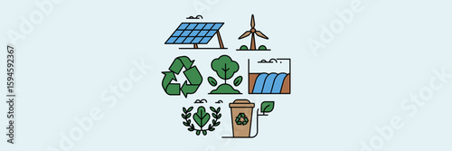 Circular eco icon set with solar panel, hydroelectric dam, and wind turbine – Perfect for renewable energy content, environmental infographics, or sustainability campaigns