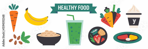 Circular arrangement of healthy food icons with banner reading “Healthy Food” – Great for wellness campaigns, nutrition guides, or healthy lifestyle branding