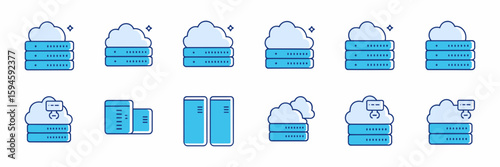 Grid layout of cloud data storage icons with sync and server symbols – Great for data management presentations, IT system architecture, or cloud infrastructure materials.