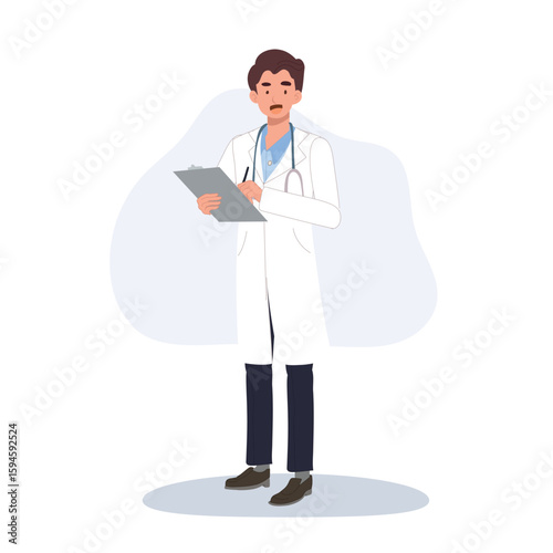 cartoon doctor with stethoscope writing medical chart . doctor writing medical notes