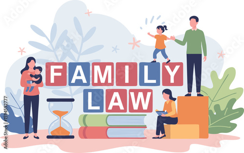 Illustrated Family Law Representation Parents with Children, Legal Books, and Sand Timer