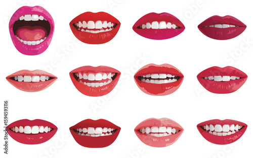 Mouths with Various Shades of Lipstick and Teeth, Digital Art Collage on White Background