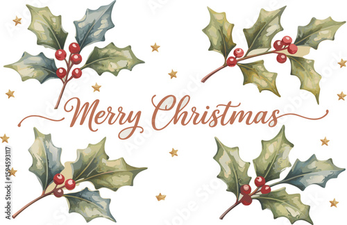 Merry Christmas Text With Holly Leaves, Red Berries, And Gold Stars on White Background