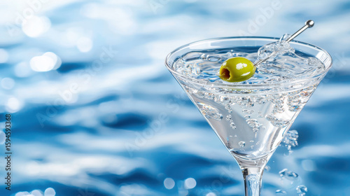 Refreshing cocktail in glass with olive, surrounded by sparkling bubbles, evokes sense of relaxation and enjoyment