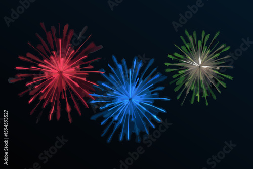 Three colorful fireworks exploding on a dark background artistic rendering of celebration and festivities