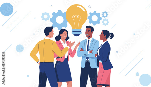 Team of Professionals Brainstorming Ideas Under Lightbulb with Gear Background in an Office