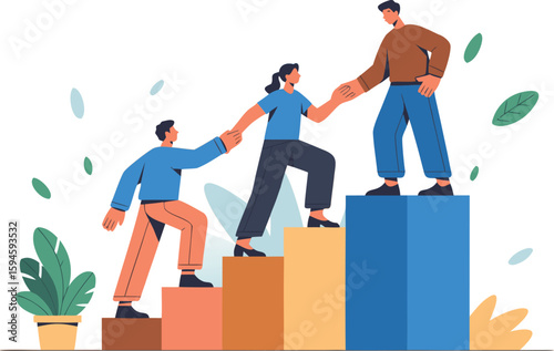 Team Helping Each Other Climb Steps Towards Success, Leadership and Support Concept