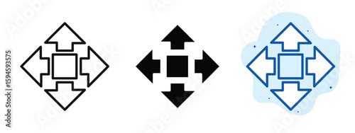 set of pixel perfect colored Expand icon, 1 silhouette, 1 Unexpanded, Arrows pointing outwards indicating enlargement.