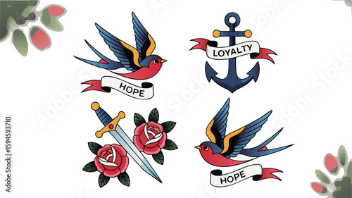 Traditional Tattoo Flash Sheet Swallows, Anchor, Sword, Roses with Hope and Loyalty Banners