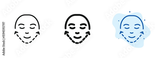 set of pixel perfect colored Face lift icon, 1 silhouette, 1 Unexpanded, Arrows or face showing cosmetic enhancement or lifting.