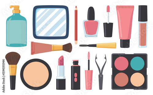 Various Beauty and Makeup Products Brushes, Lipstick, Nail Polish, Mascara, and More Essential Cosmetics