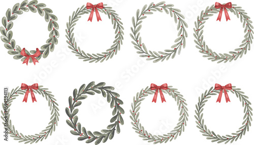 Watercolor Christmas Wreaths Greenery Circles with Red Berries and Bows for Holiday Decoration