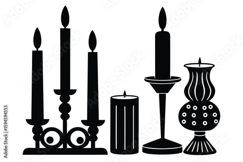 Black Silhouettes of Lit Candles in Decorative Candle Holders on White Background