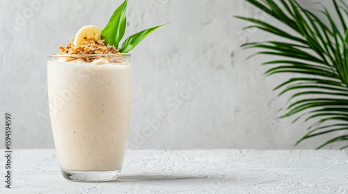 Refreshing banana smoothie topped with granola and slice of banana, surrounded by green leaves, evokes healthy lifestyle
