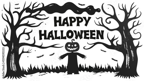 Happy halloween silhouette with trees, bats, pumpkin scarecrow and grass in black and white illustration