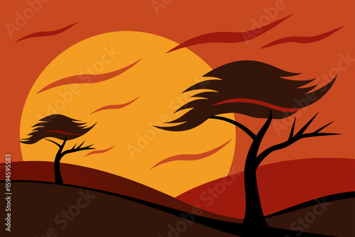 sunset behind windblown trees
