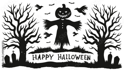 Silhouette of a halloween scene with pumpkin scarecrow and trees with happy halloween text