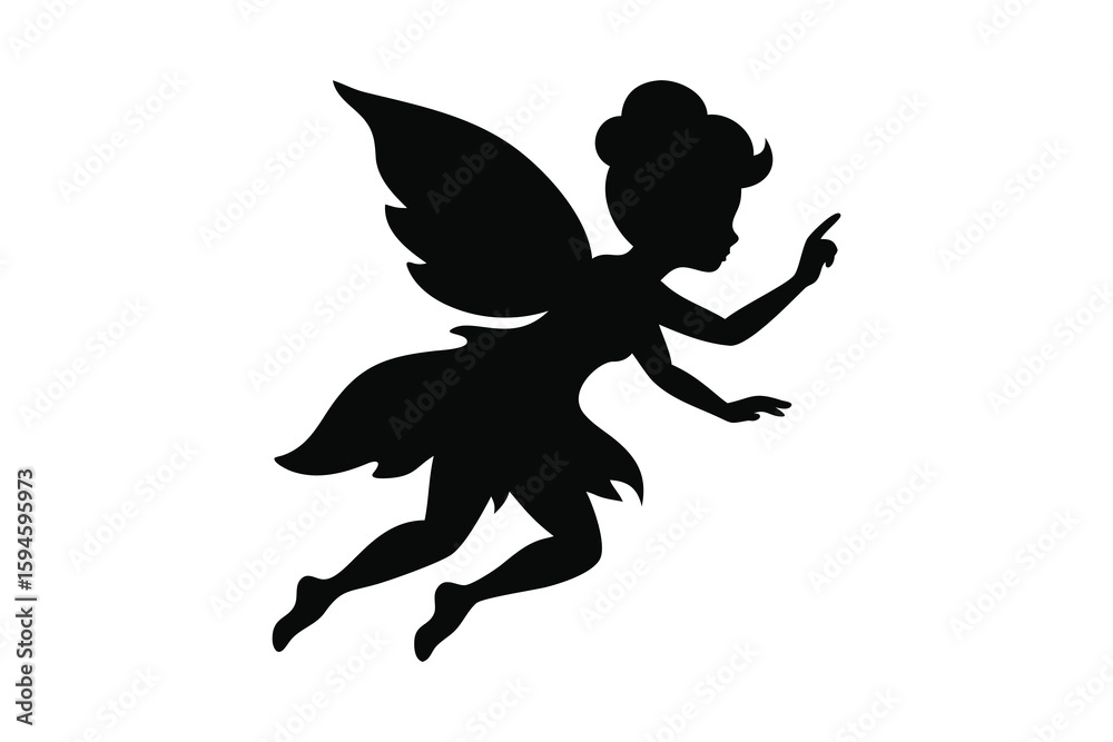 Fototapeta premium Whimsical Fairy in Flight A Magical Silhouette Illustration for Fantasy and Children s Designs Featuring a Pointing Fairy Silhouette