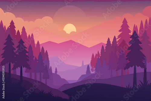 sunset lighting misty forest