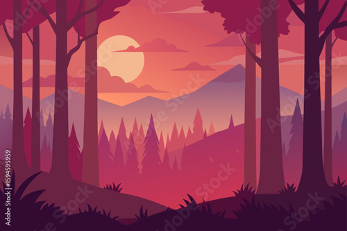 sunset lighting misty forest