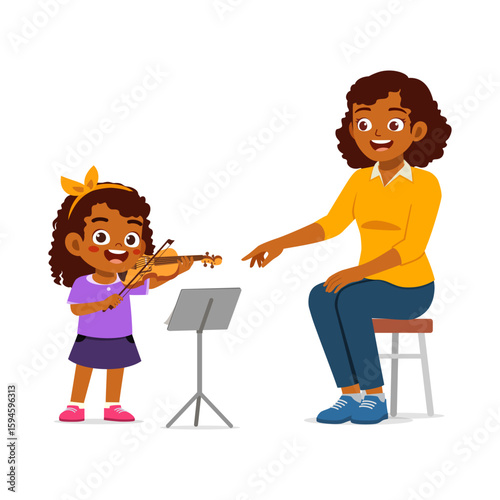 African girl practice play violin with her teacher in cartoon illustration style