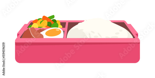 Bento box with rice, egg, vegetables and meat, japanese lunchbox container full meal