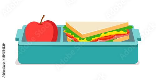 Illustration of an apple and a sandwich in a blue lunchbox on a white background
